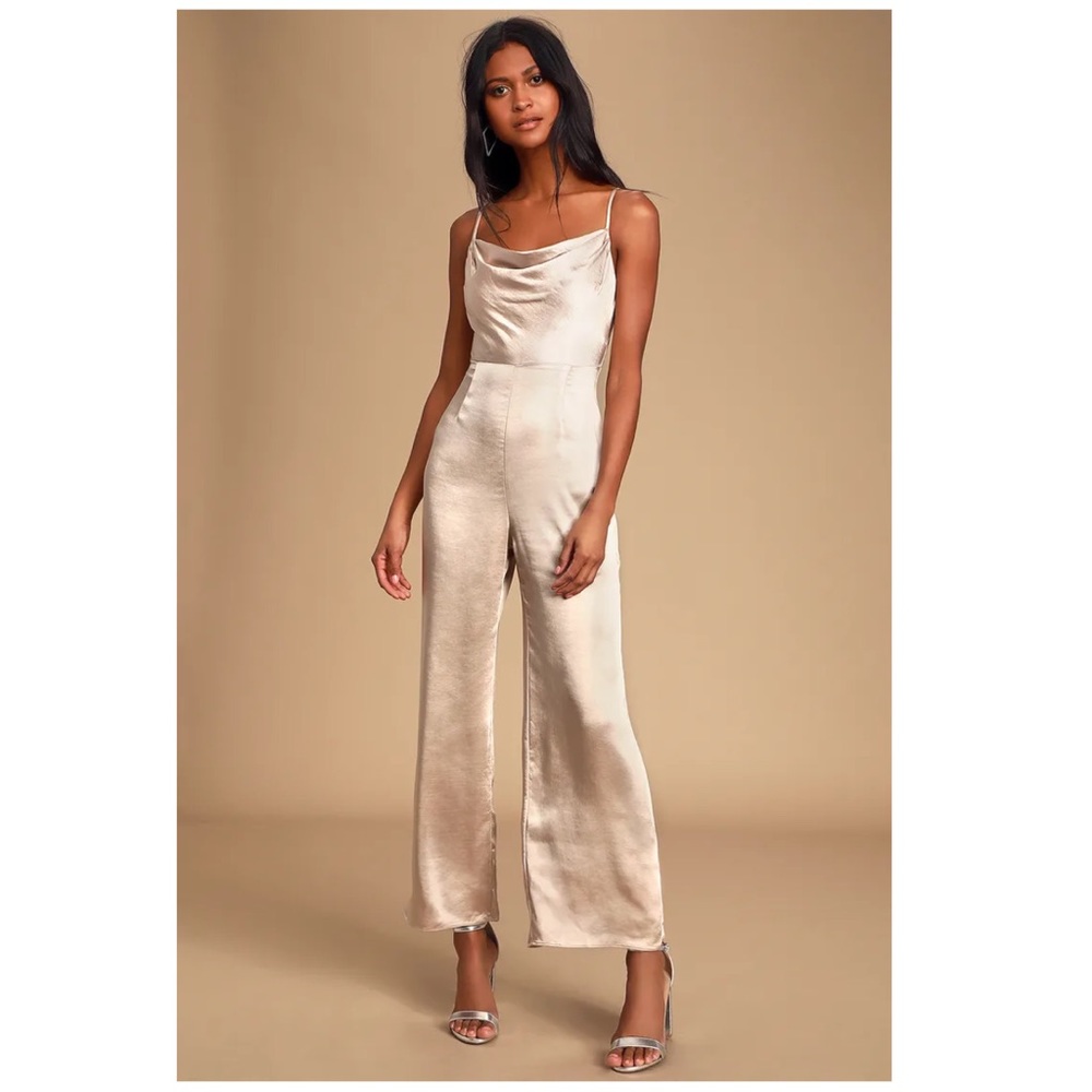 NEW WITH TAGS Satin Cowl Neck Tie Front Jumpsuit, Size Small
